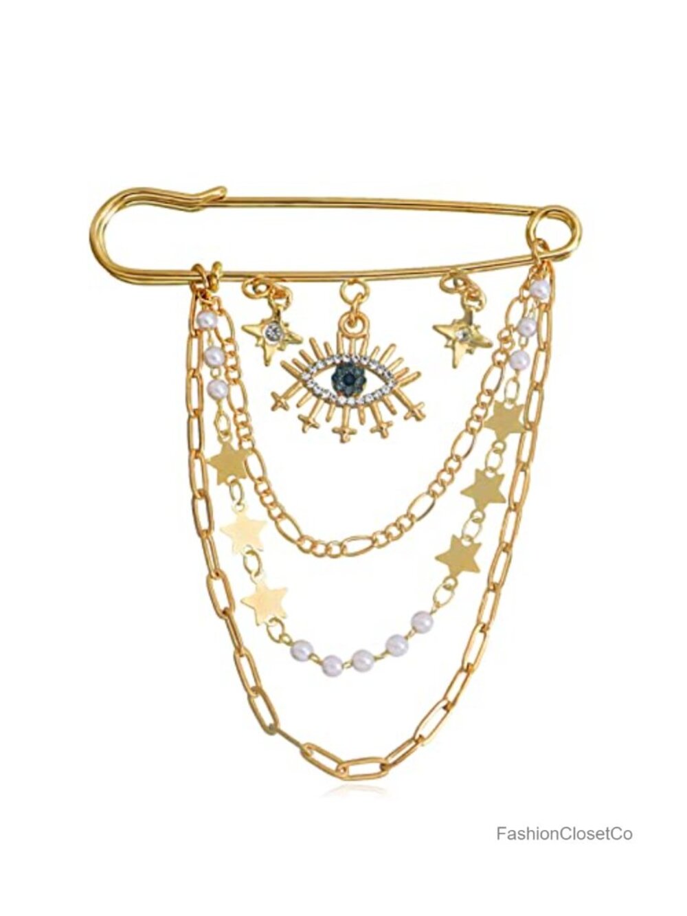 CZ Evil Eye Star Charm Brooch Pin Multi-Layer Hanging Chain Tassel Lapel Pin